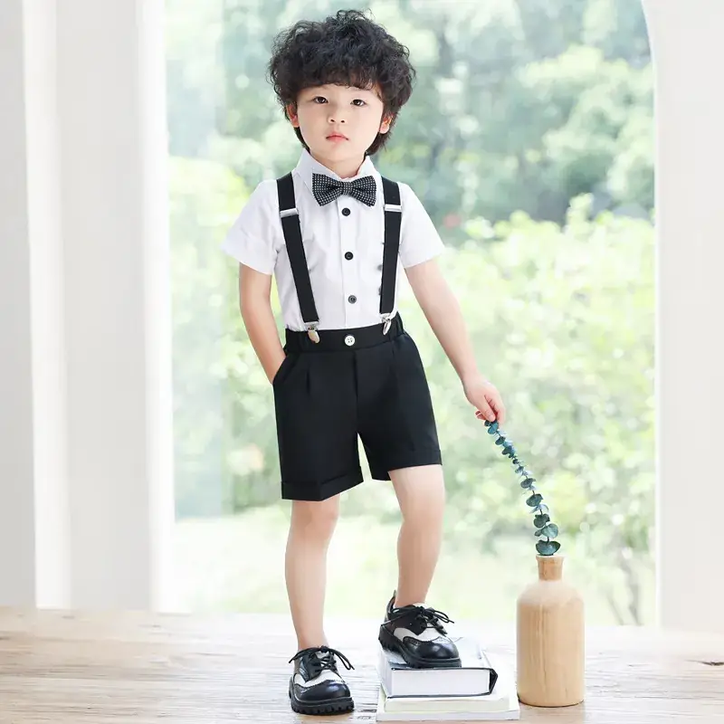 Boys Bib Shorts Suit Black White Bow Tie Summer - Image 4