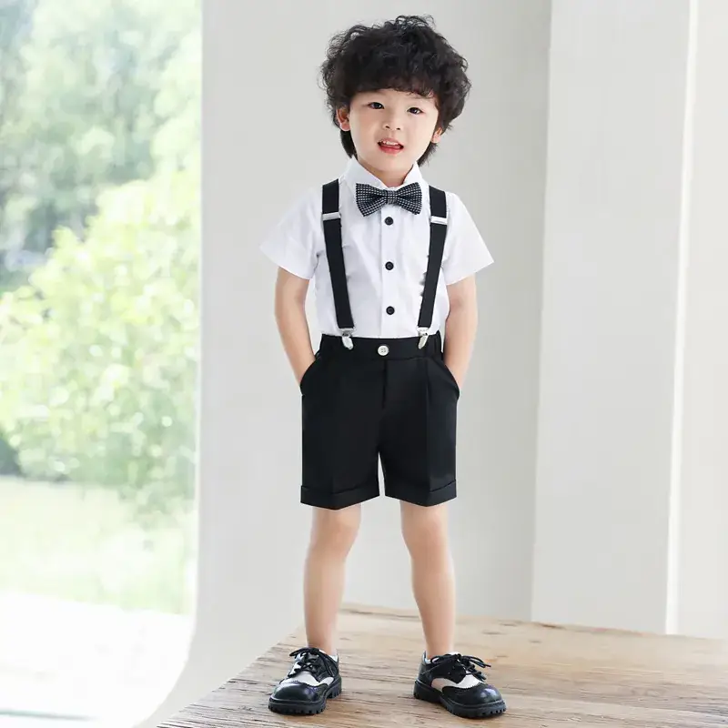 Boys Bib Shorts Suit Black White Bow Tie Summer - Image 5