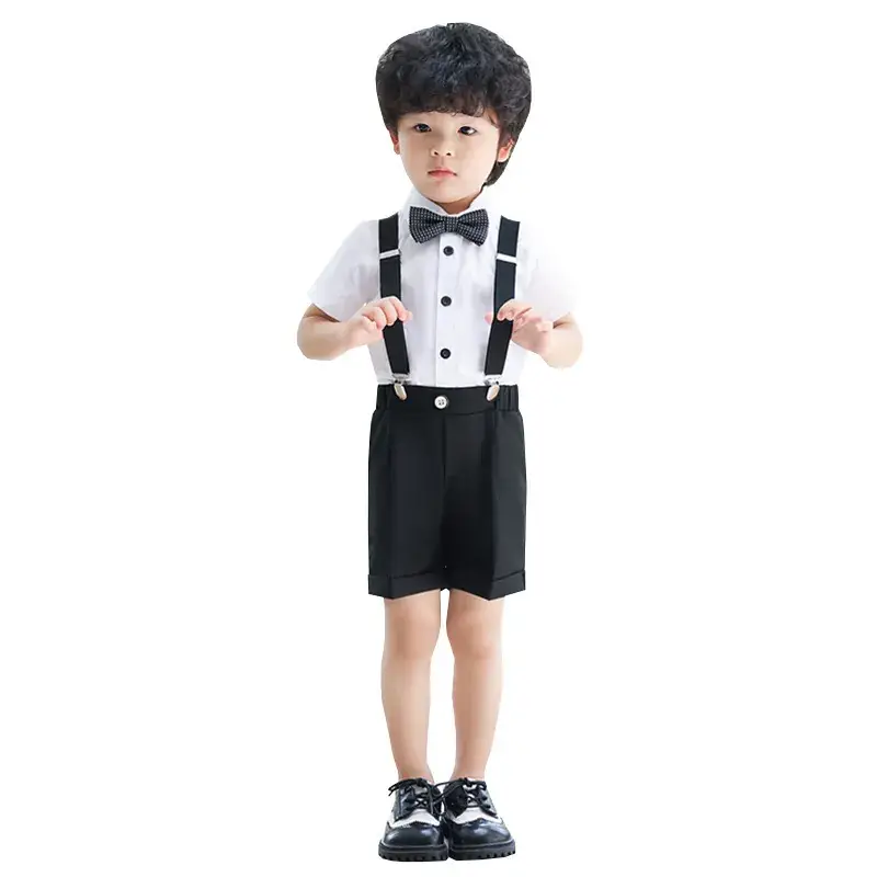 Boys Bib Shorts Suit Black White Bow Tie Summer - Image 6