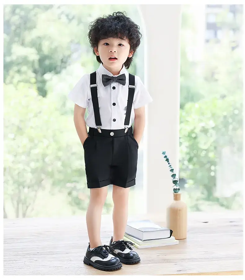 Boys Bib Shorts Suit Black White Bow Tie Summer — feature 11