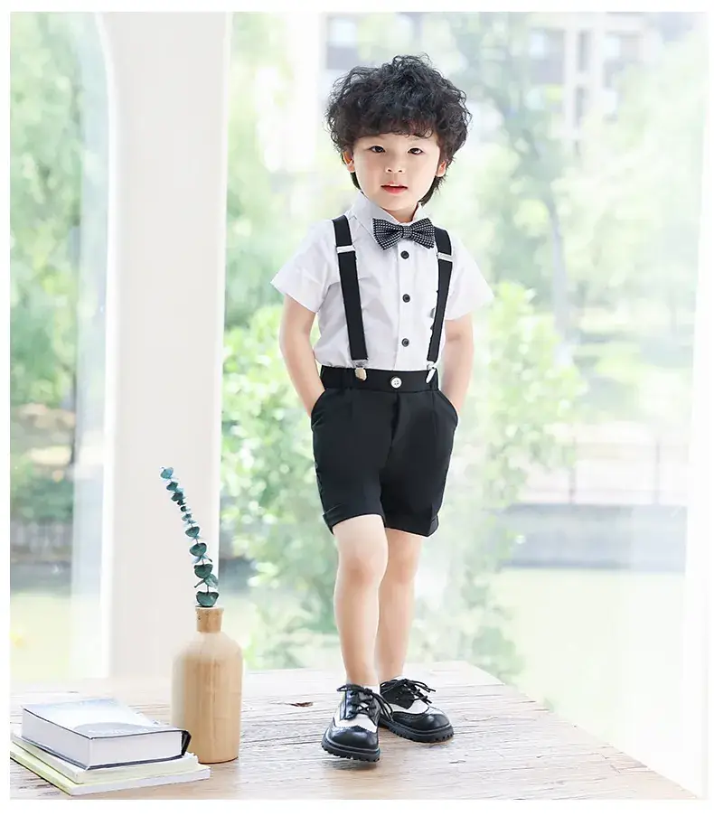 Boys Bib Shorts Suit Black White Bow Tie Summer — feature 12