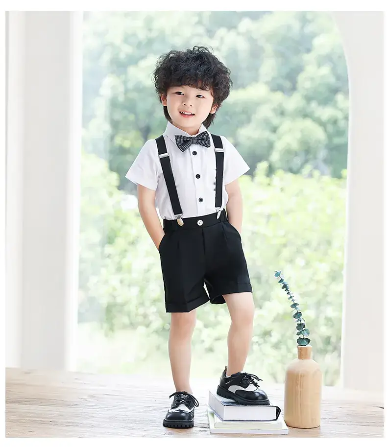 Boys Bib Shorts Suit Black White Bow Tie Summer — feature 13