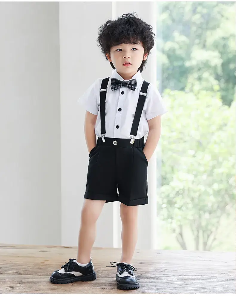 Boys Bib Shorts Suit Black White Bow Tie Summer — feature 6