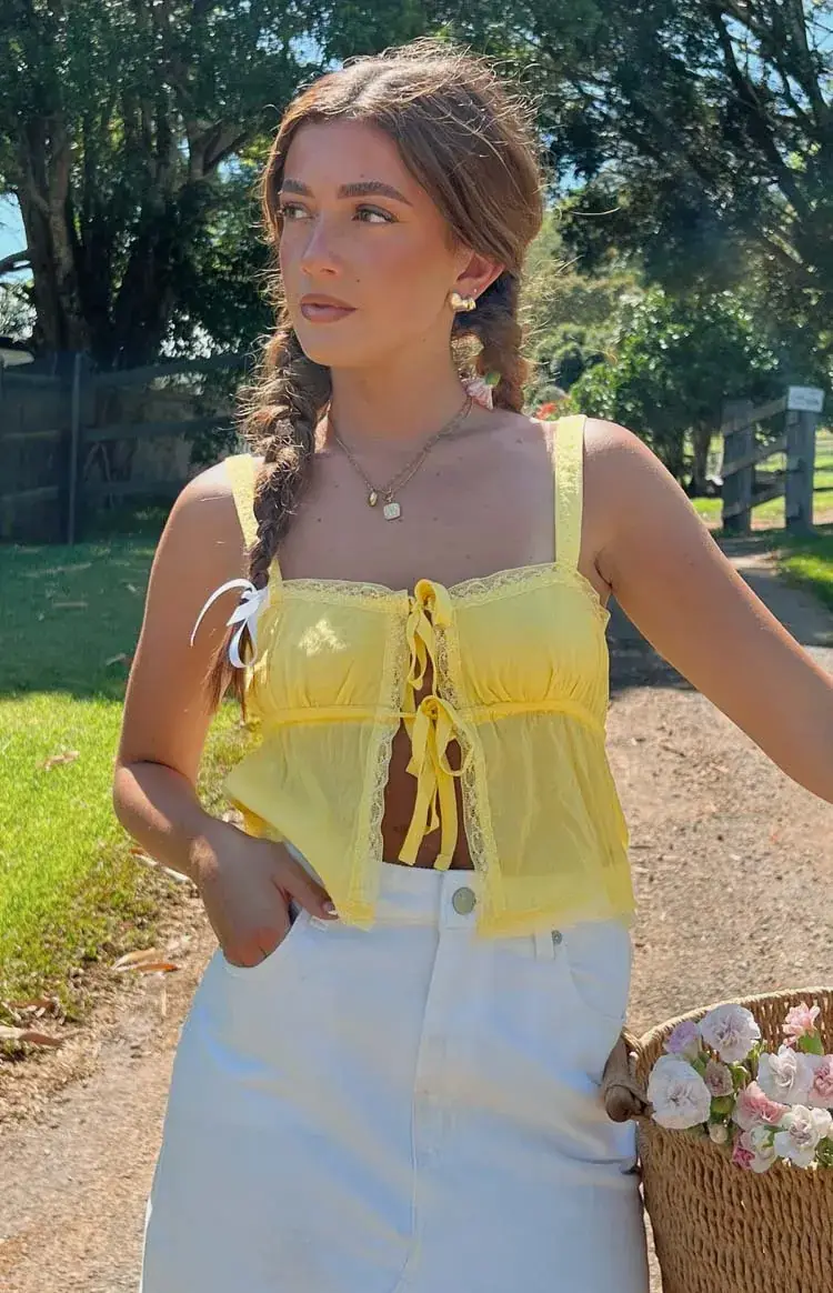 Women's Lace Strap Vest Yellow Summer Top — feature 13
