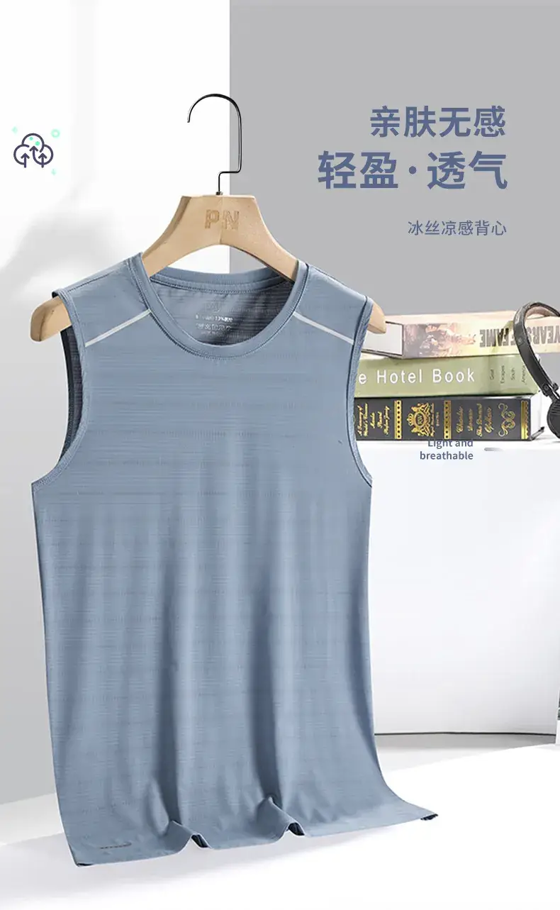 Men's Blue Ice Silk Sleeveless Vest Summer Wear — feature 2