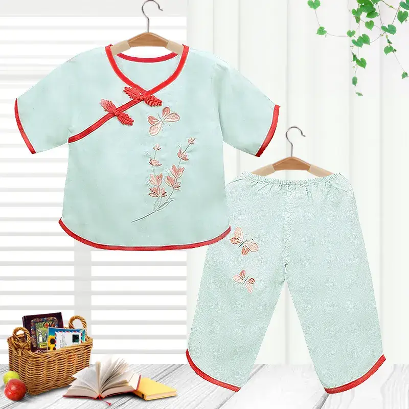 Girls Red Embroidered Pajamas Set Cotton Silk Summer - Image 10