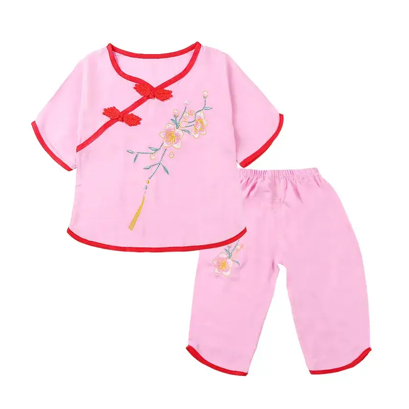 Girls Red Embroidered Pajamas Set Cotton Silk Summer - Image 11