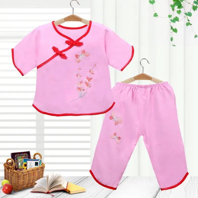 Girls Red Embroidered Pajamas Set Cotton Silk Summer - Image 9