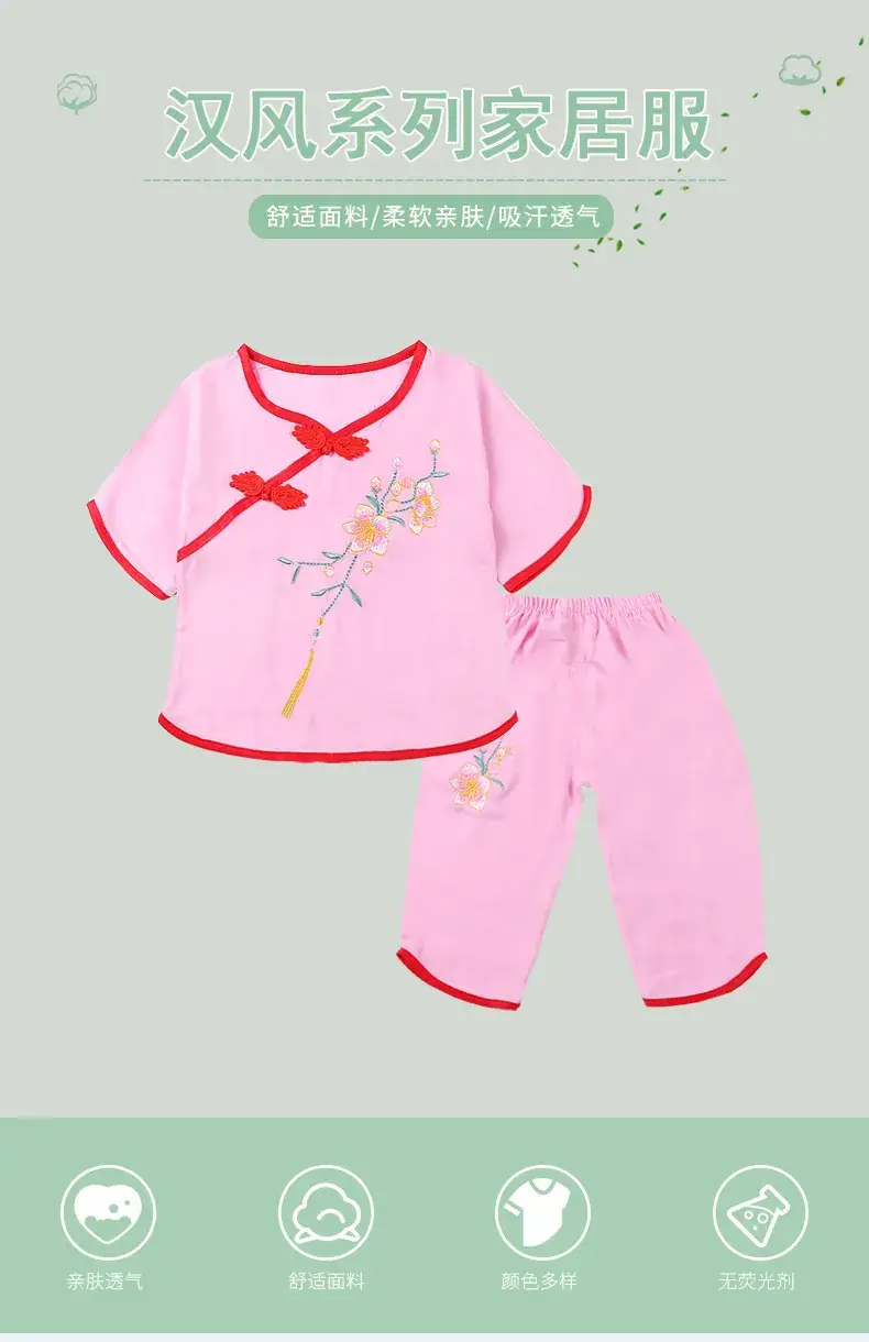 Girls Red Embroidered Pajamas Set Cotton Silk Summer — feature 3
