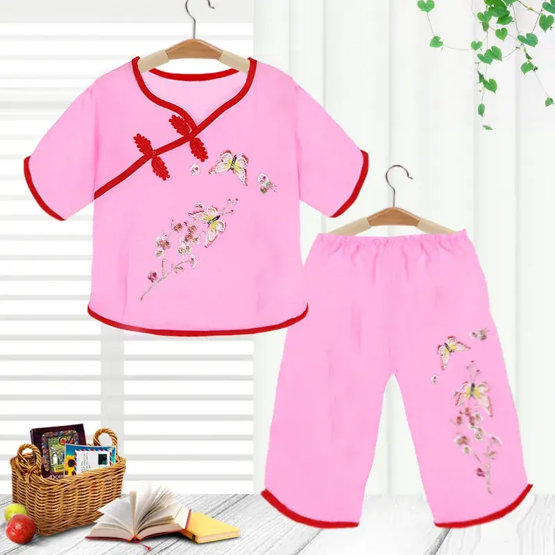 Girls Red Embroidered Pajamas Set Cotton Silk Summer - Image 2