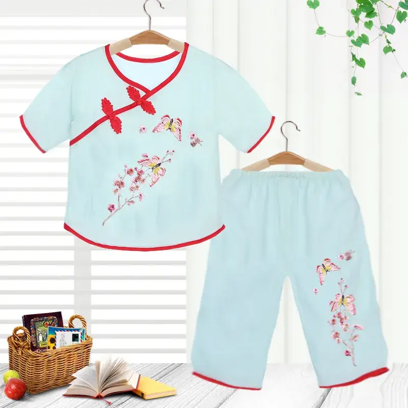 Girls Red Embroidered Pajamas Set Cotton Silk Summer - Image 3