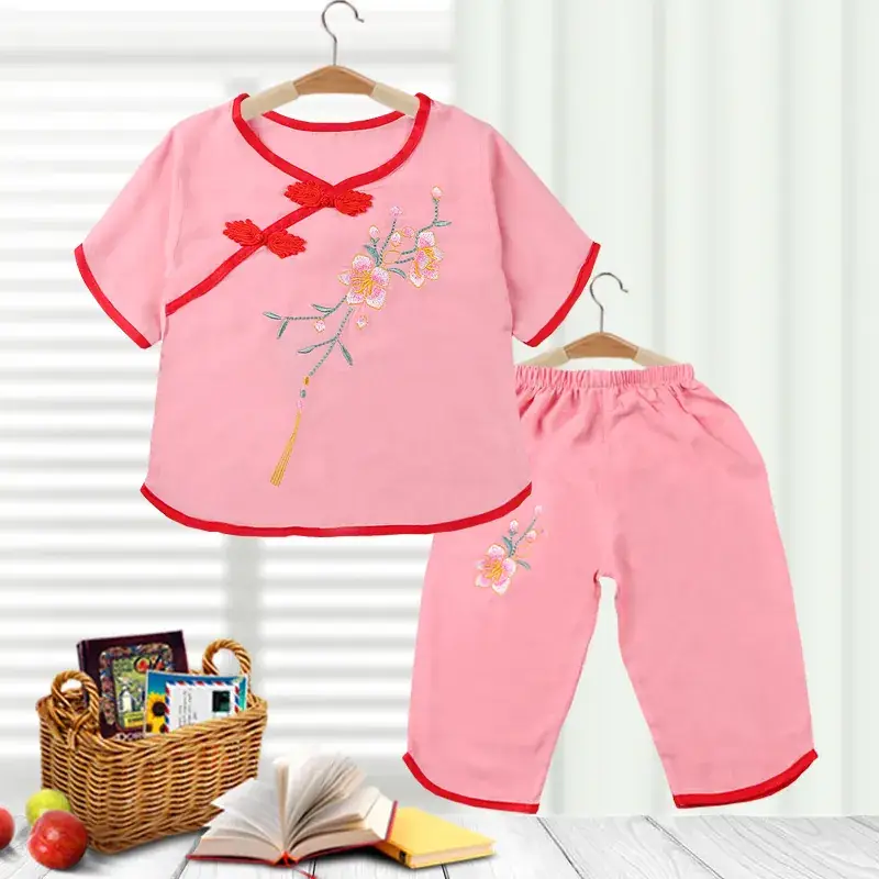 Girls Red Embroidered Pajamas Set Cotton Silk Summer - Image 4