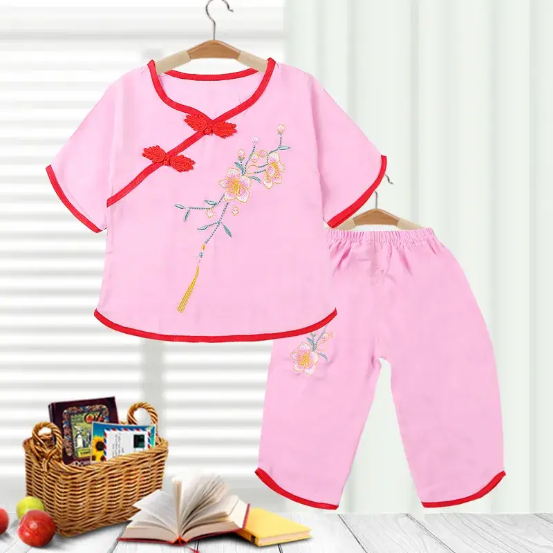 Girls Red Embroidered Pajamas Set Cotton Silk Summer - Image 5