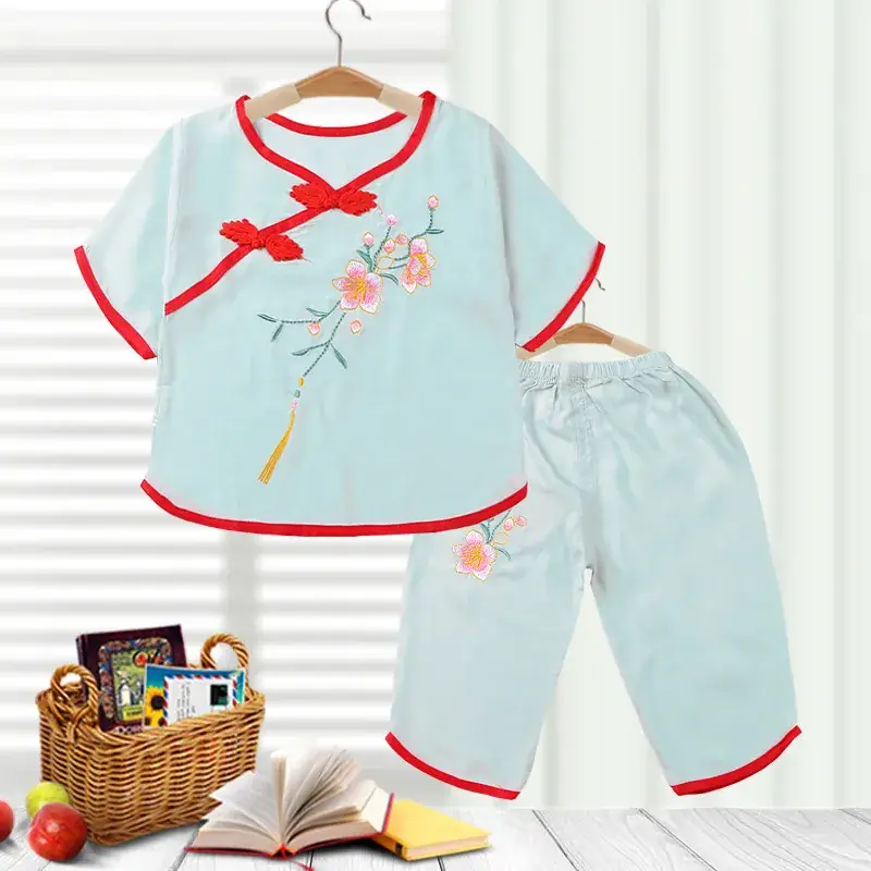 Girls Red Embroidered Pajamas Set Cotton Silk Summer - Image 6
