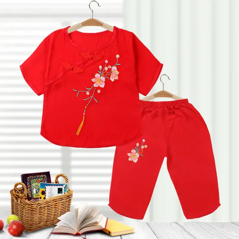 Girls Red Embroidered Pajamas Set Cotton Silk Summer - Image 7