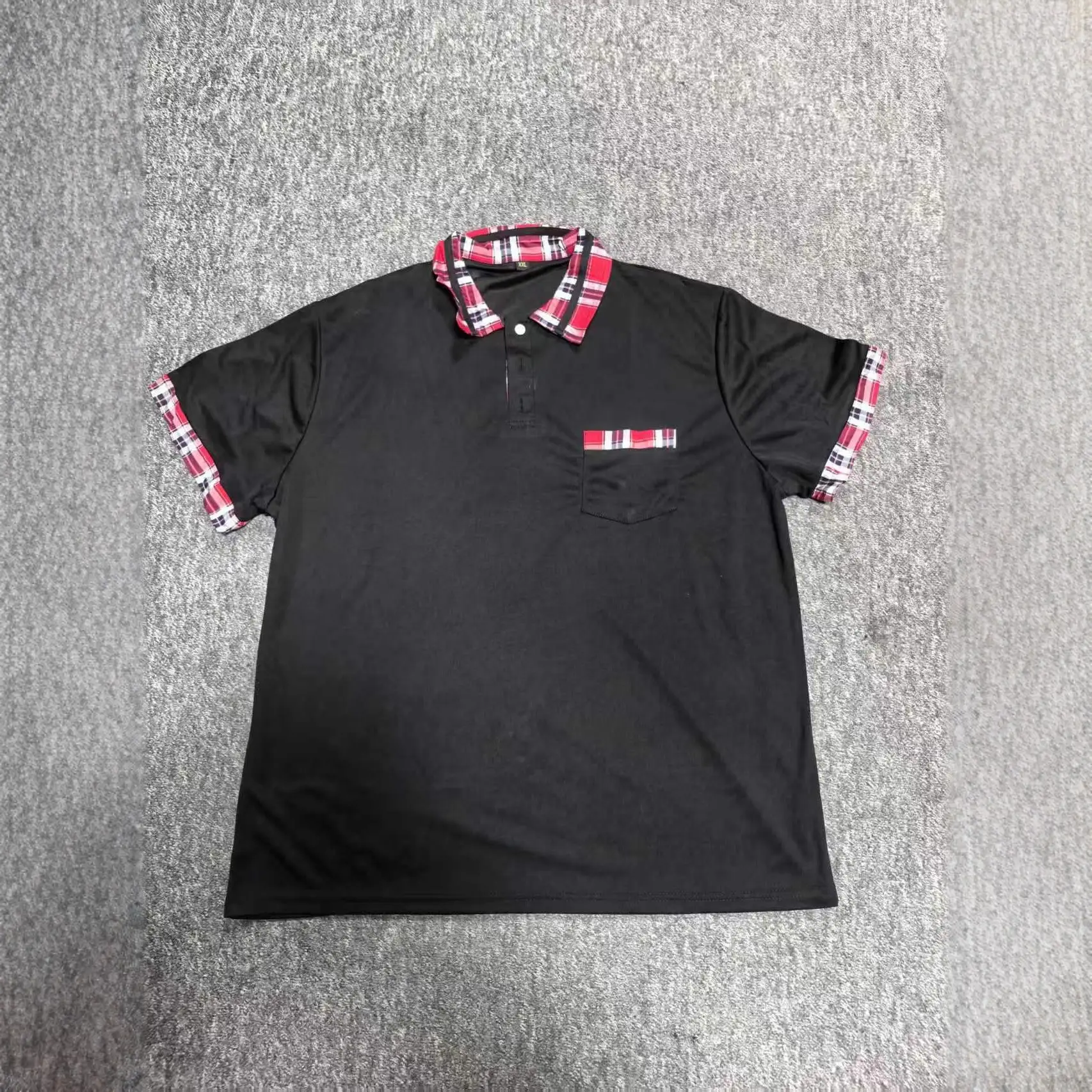 Men Red Plaid Short Sleeve Polo Shirt with Button Pocket - Image 9