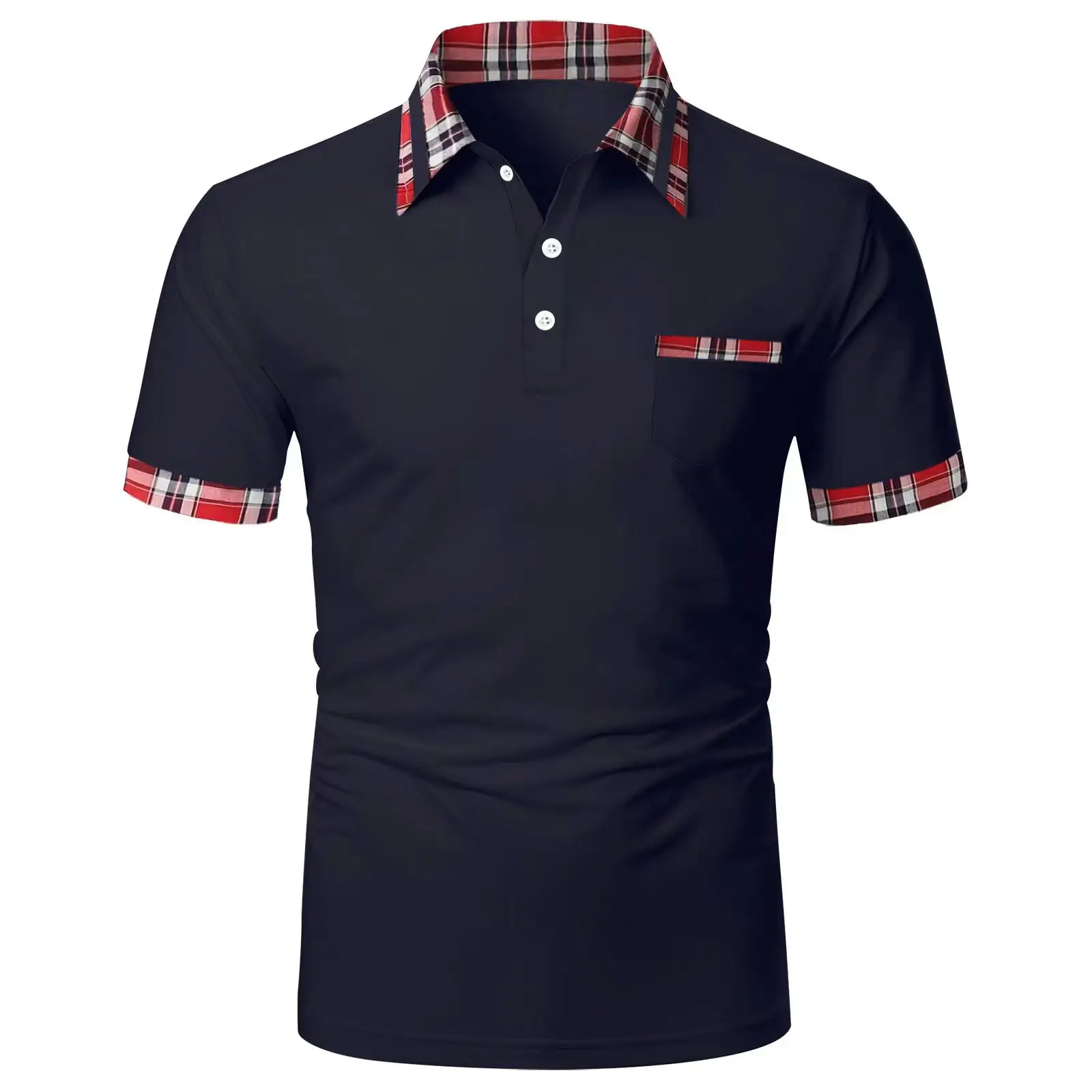 Men Red Plaid Short Sleeve Polo Shirt with Button Pocket - Image 11