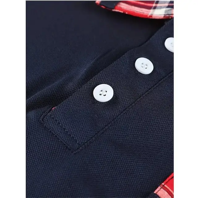 Men Red Plaid Short Sleeve Polo Shirt with Button Pocket — feature 11