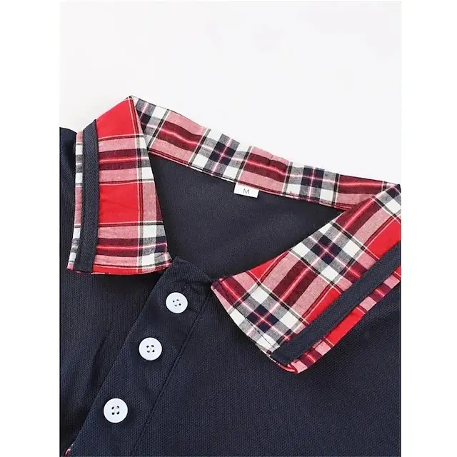 Men Red Plaid Short Sleeve Polo Shirt with Button Pocket — feature 13