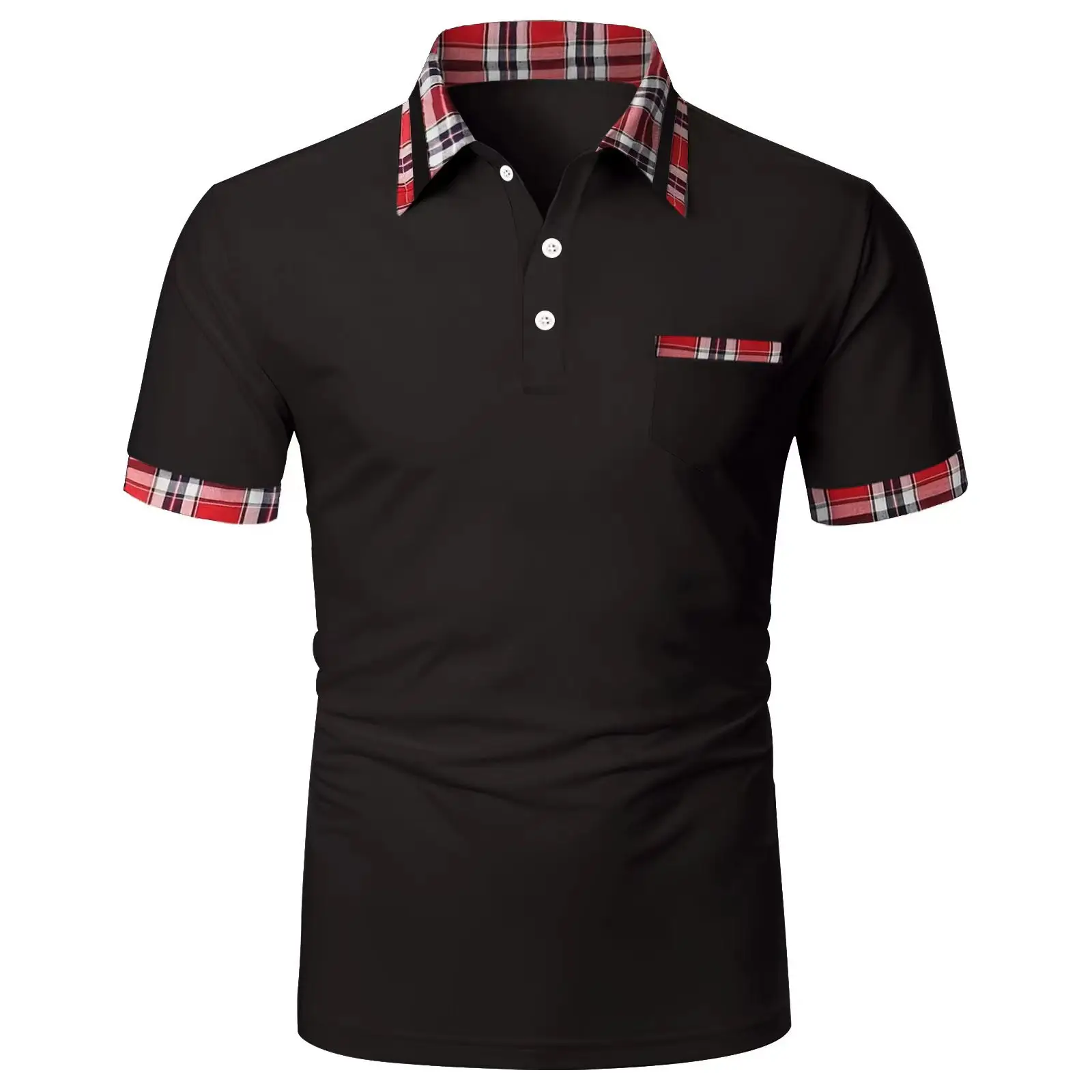 Men Red Plaid Short Sleeve Polo Shirt with Button Pocket — feature 2