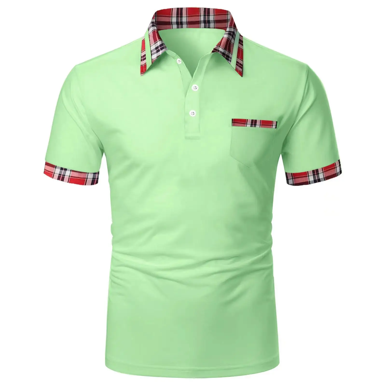 Men Red Plaid Short Sleeve Polo Shirt with Button Pocket — feature 3