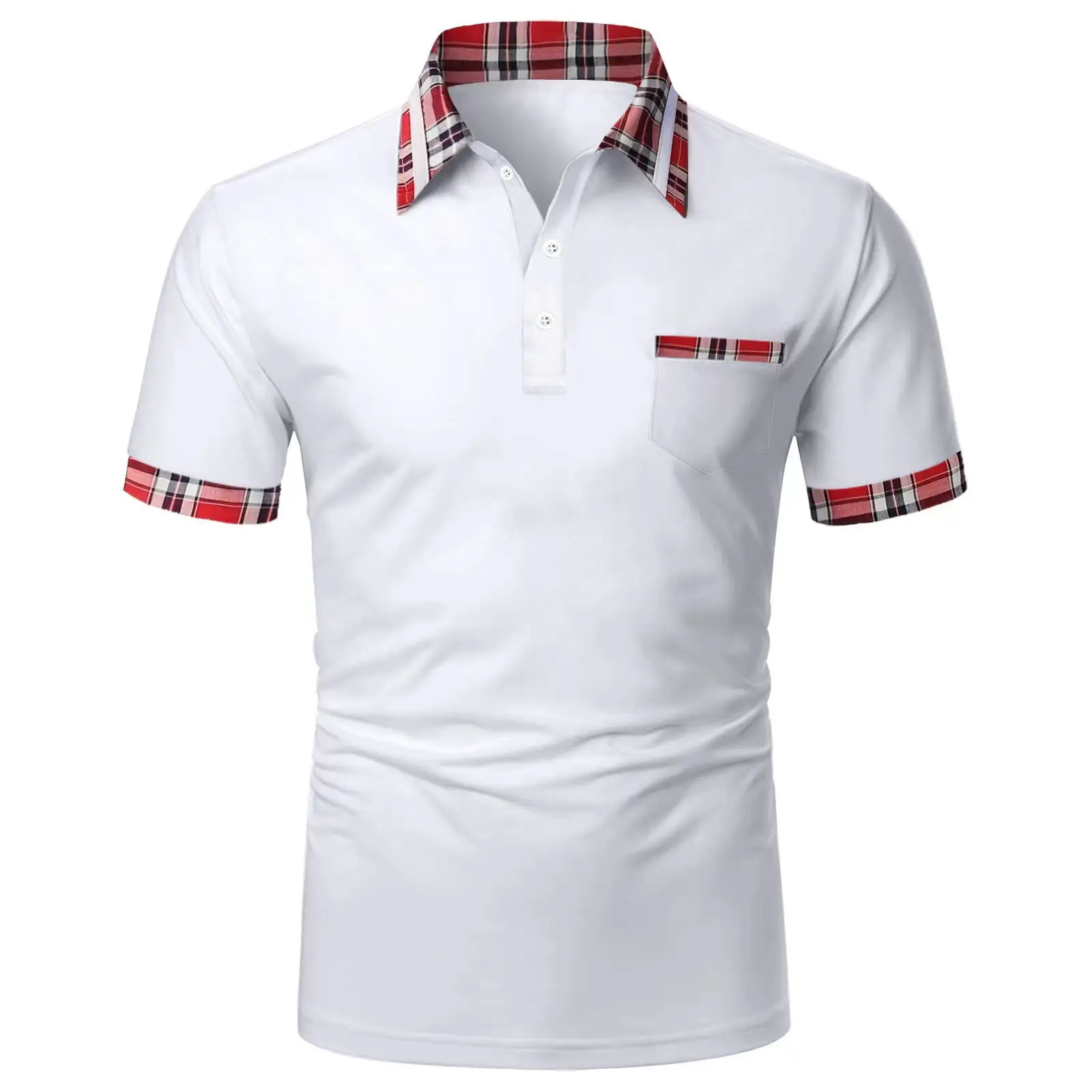 Men Red Plaid Short Sleeve Polo Shirt with Button Pocket — feature 4