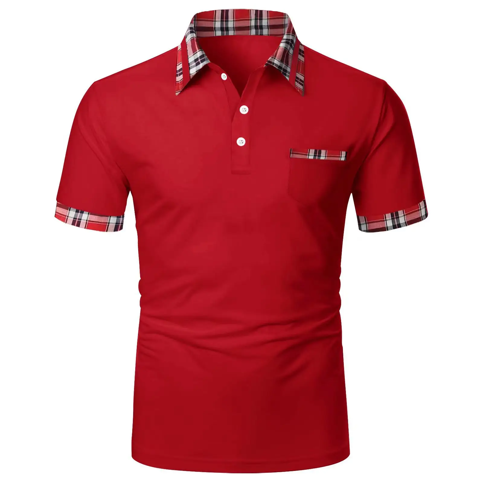 Men Red Plaid Short Sleeve Polo Shirt with Button Pocket — feature 7