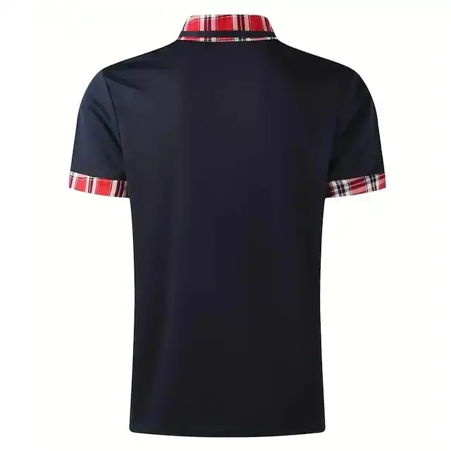 Men Red Plaid Short Sleeve Polo Shirt with Button Pocket — feature 9