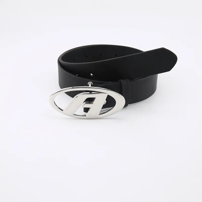 Women's Black Leather Belt with Silver A Buckle - Image 2