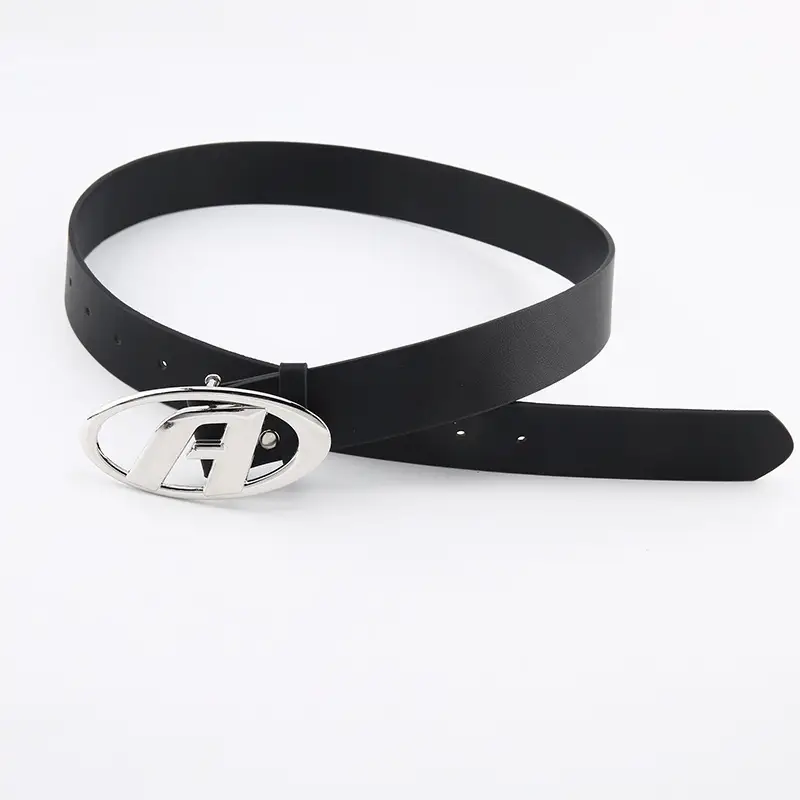 Women's Black Leather Belt with Silver A Buckle - Image 4
