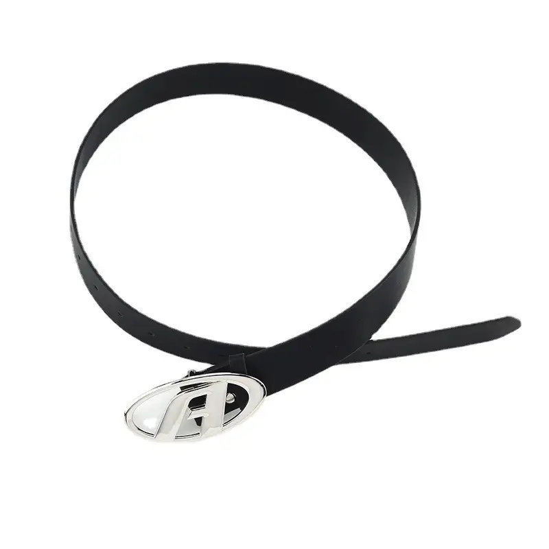 Women's Black Leather Belt with Silver A Buckle - Image 5