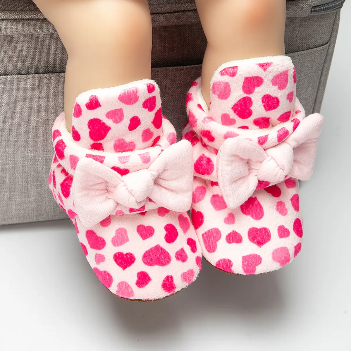 Pink Heart Bow Baby Slippers Non-Slip Soft Soles