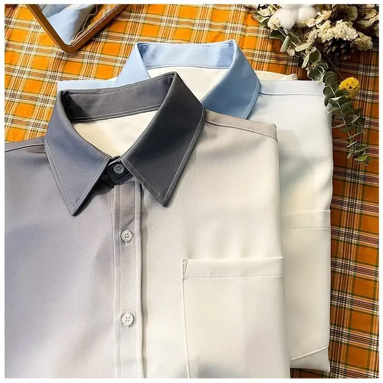 Men Gradient Long Sleeve Shirt White Blue French Style - Image 4