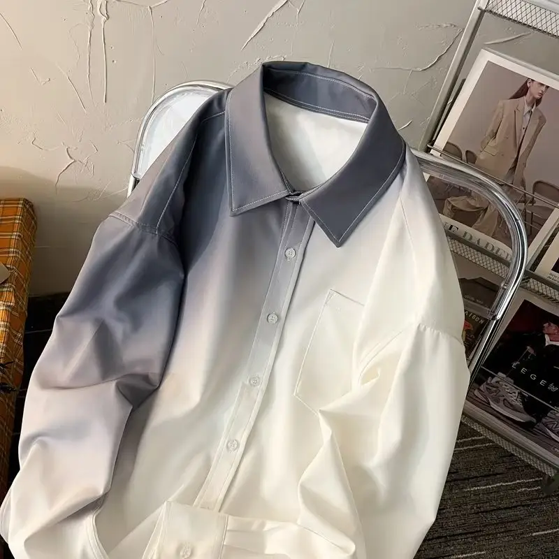 Men Gradient Long Sleeve Shirt White Blue French Style - Image 5