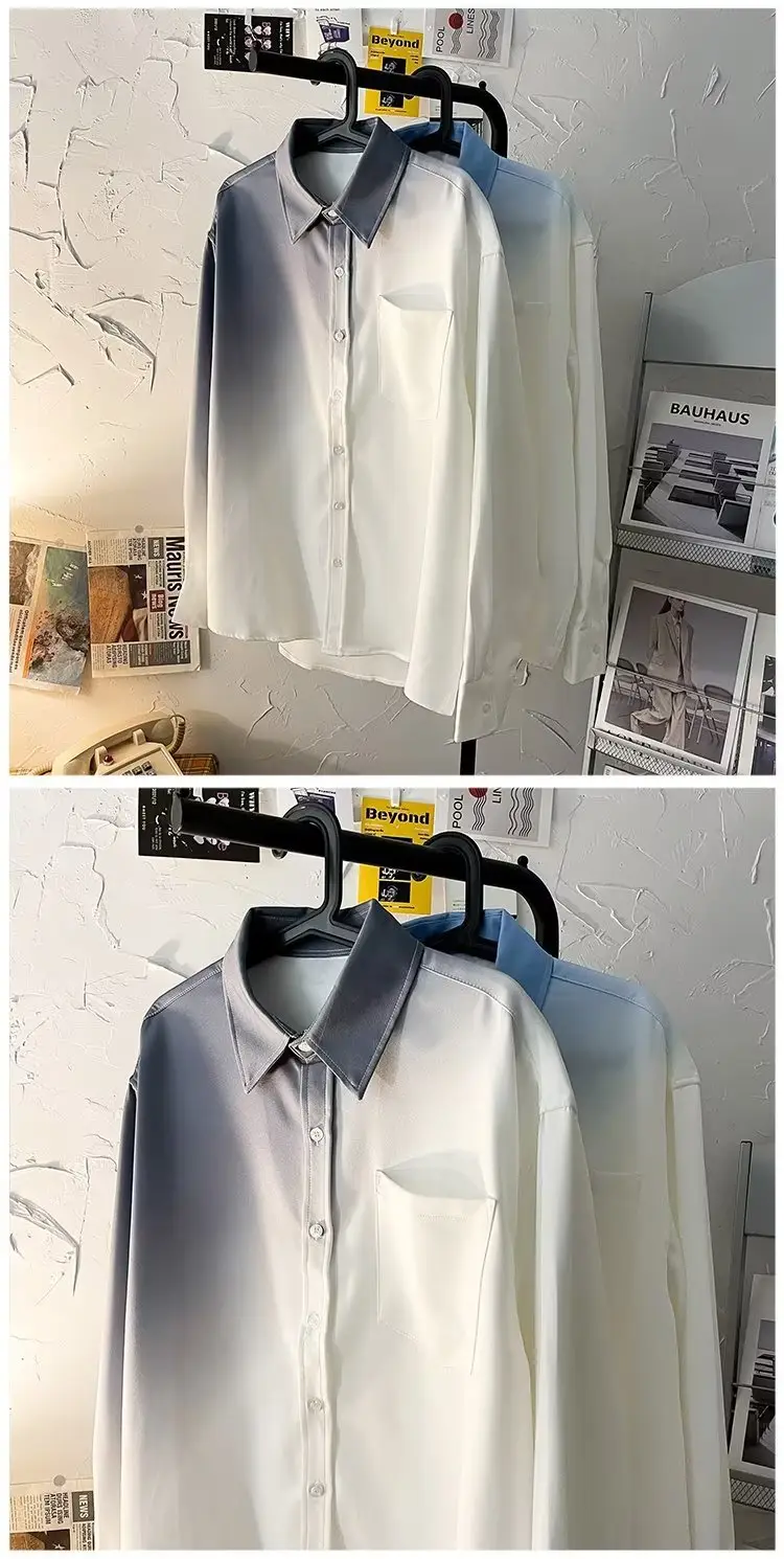 Men Gradient Long Sleeve Shirt White Blue French Style — feature 17