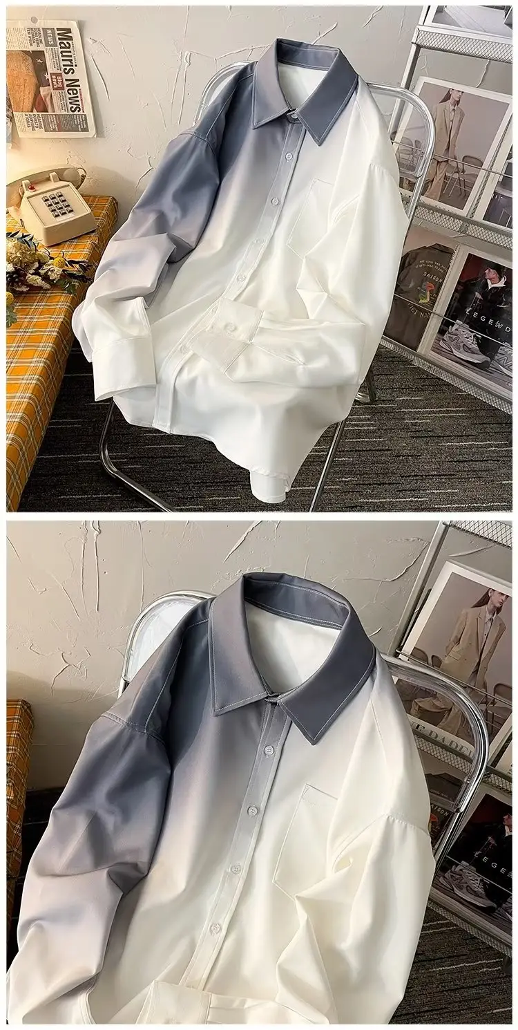 Men Gradient Long Sleeve Shirt White Blue French Style — feature 18