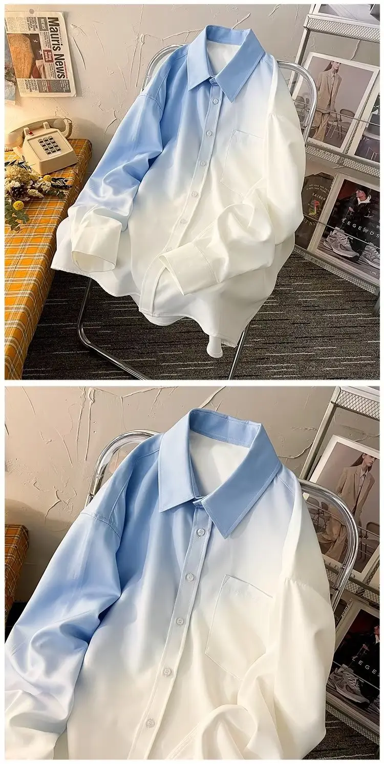 Men Gradient Long Sleeve Shirt White Blue French Style — feature 21