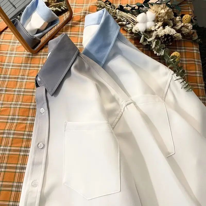 Men Gradient Long Sleeve Shirt White Blue French Style — feature 29