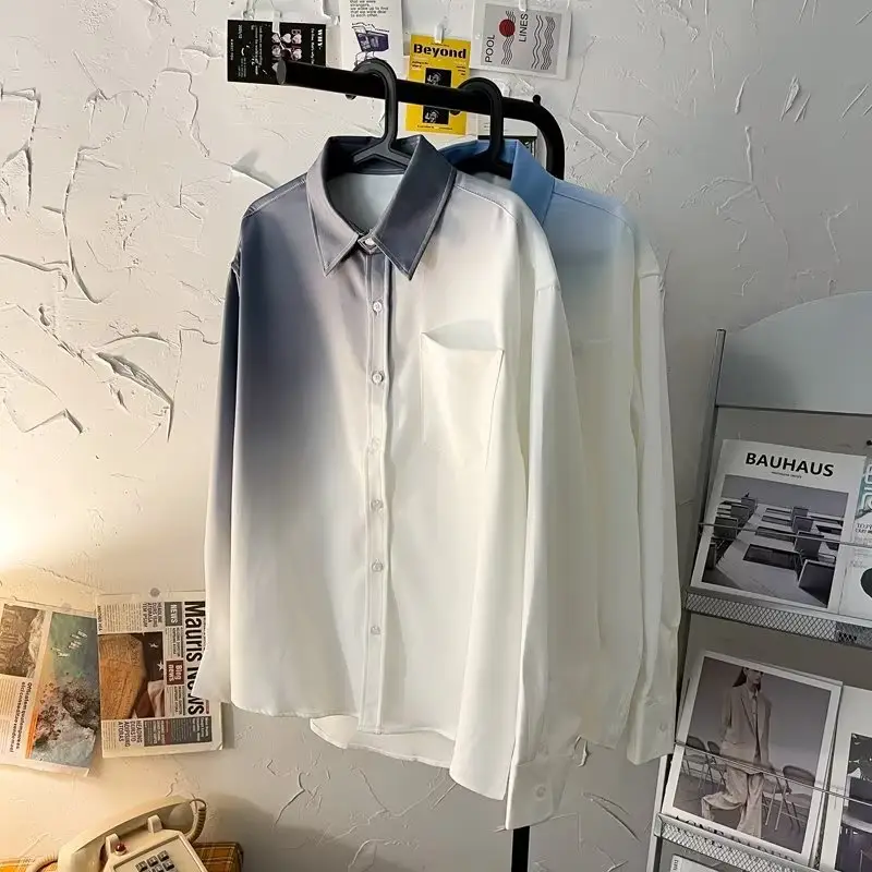 Men Gradient Long Sleeve Shirt White Blue French Style — feature 31