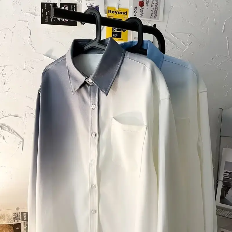 Men Gradient Long Sleeve Shirt White Blue French Style — feature 32