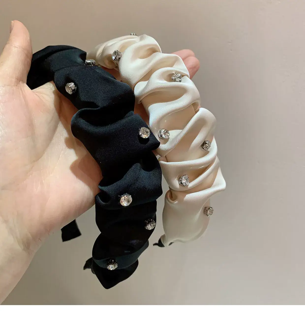 Black Satin Pleated Hair Band with Rhinestones — feature 1
