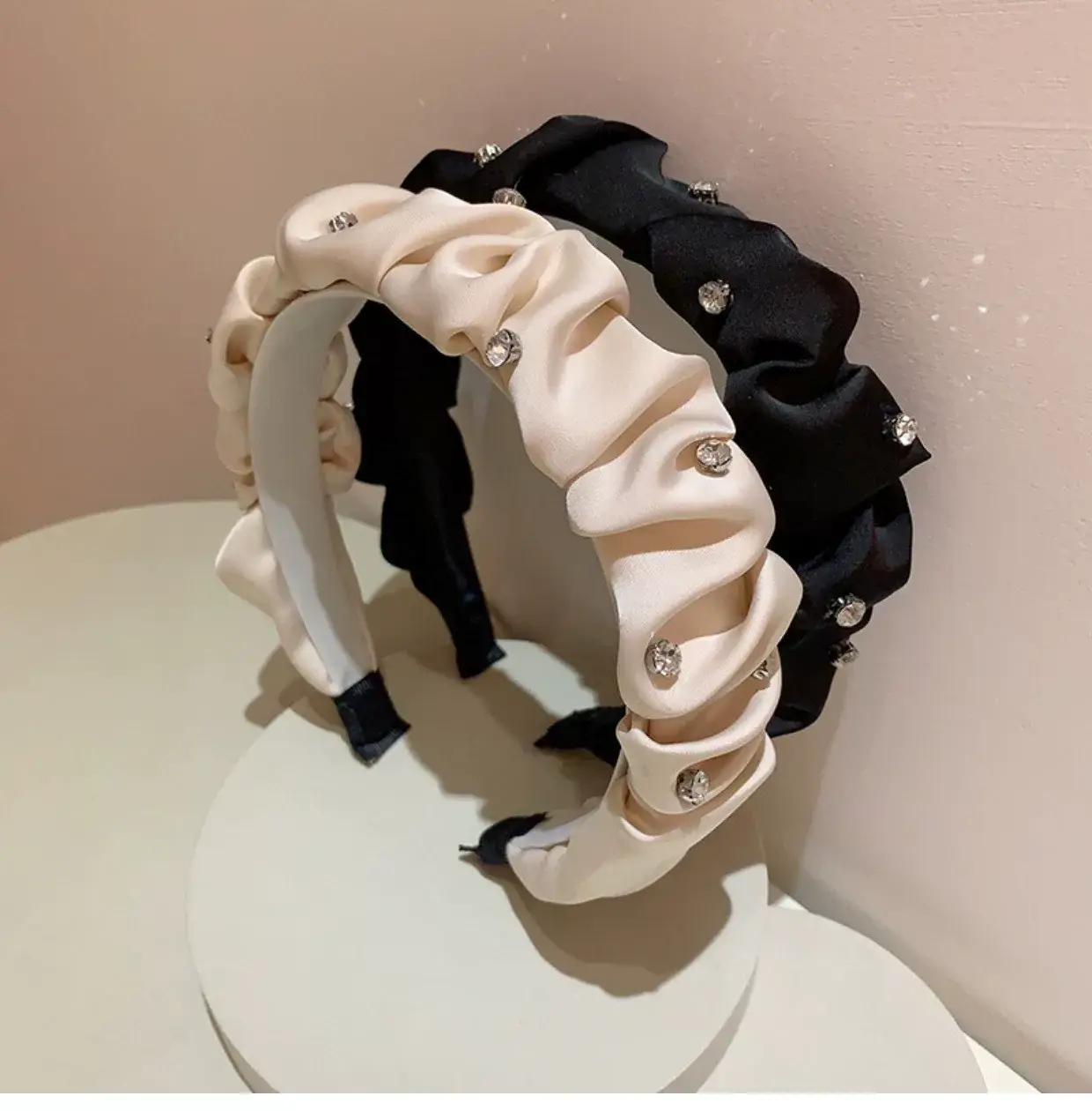 Black Satin Pleated Hair Band with Rhinestones — feature 6