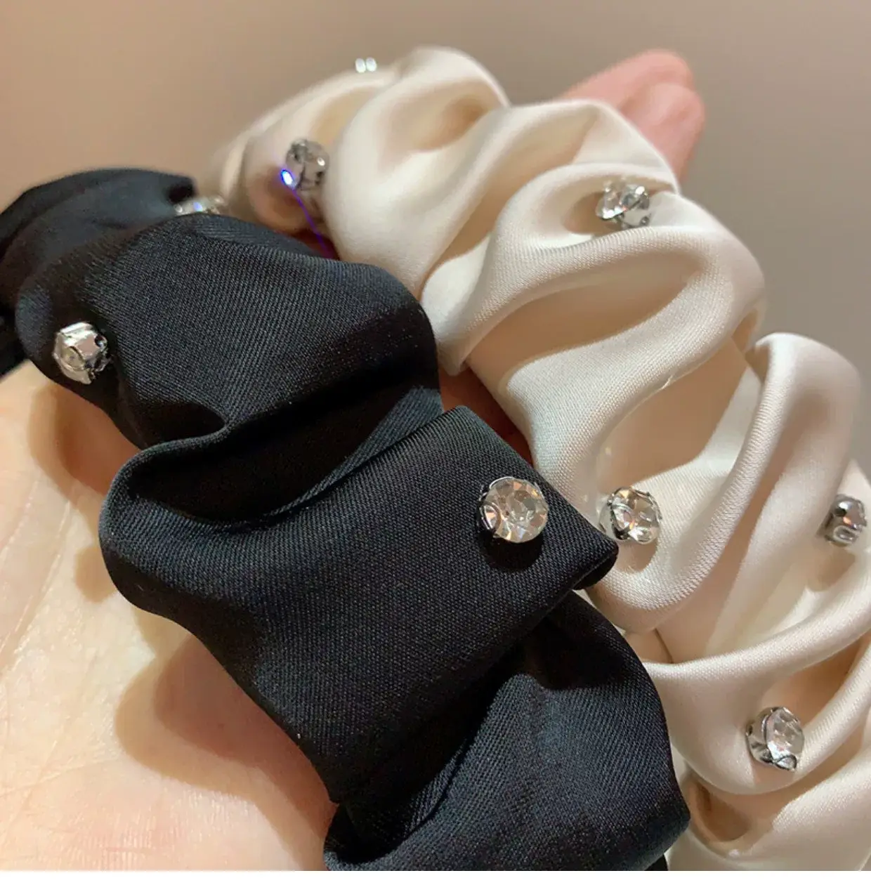 Black Satin Pleated Hair Band with Rhinestones — feature 7