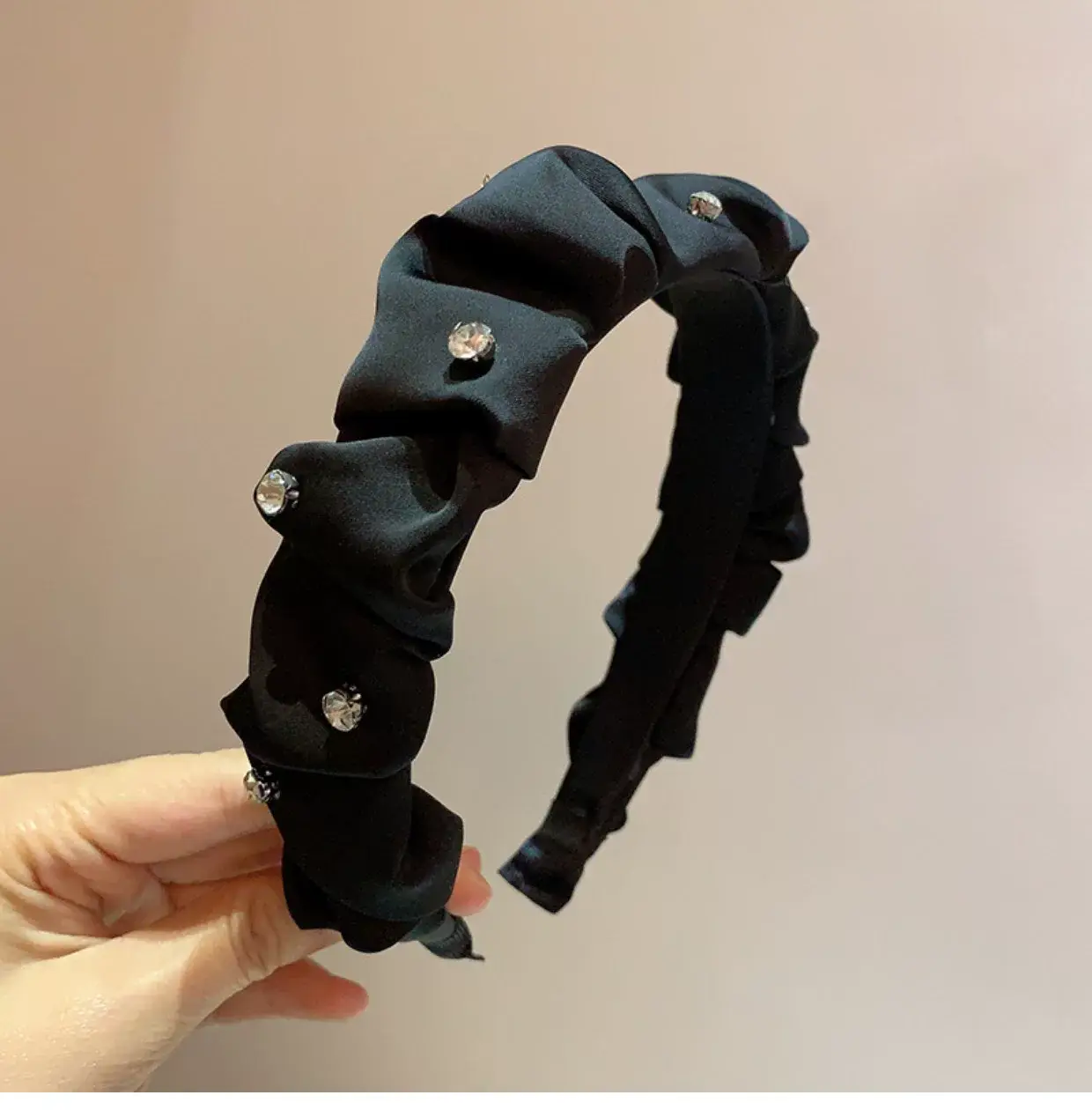 Black Satin Pleated Hair Band with Rhinestones — feature 9