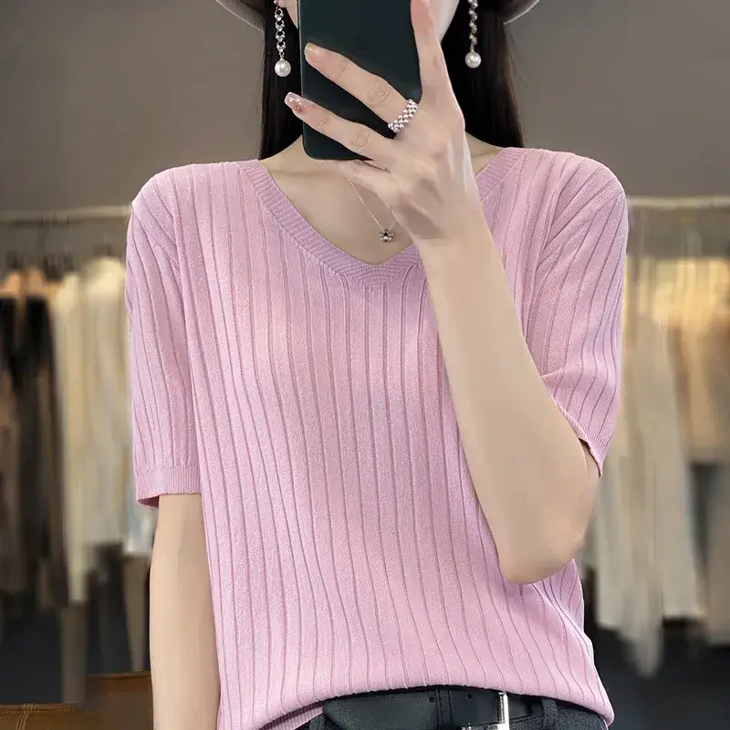 Summer Women Knitted V-Neck T-Shirt Beige