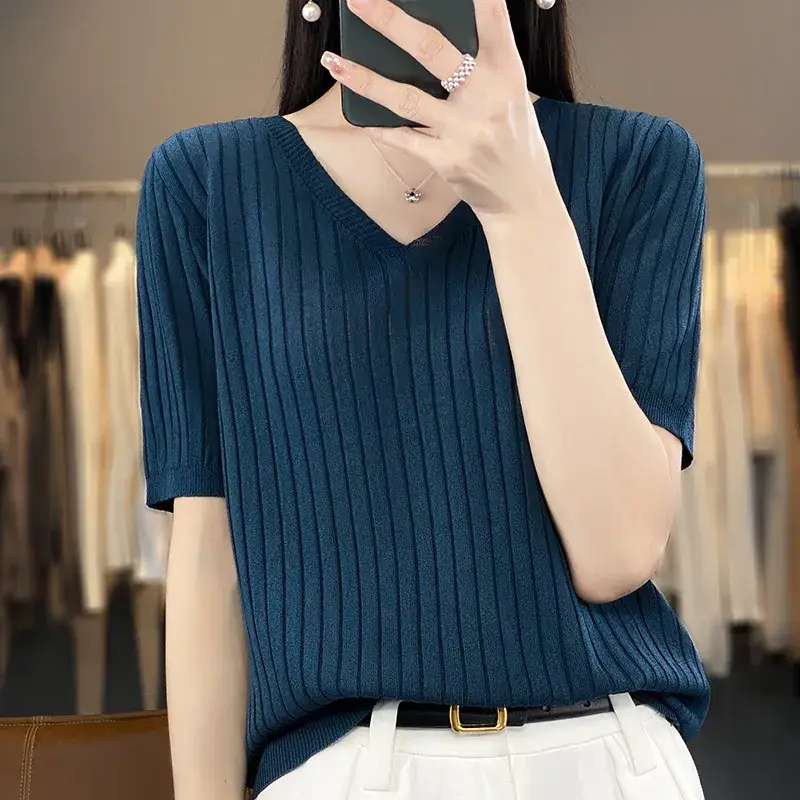 Summer Women Knitted V-Neck T-Shirt Beige