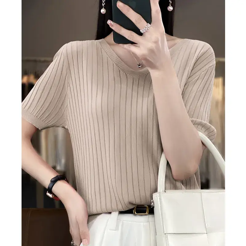 Summer Women Knitted V-Neck T-Shirt Beige