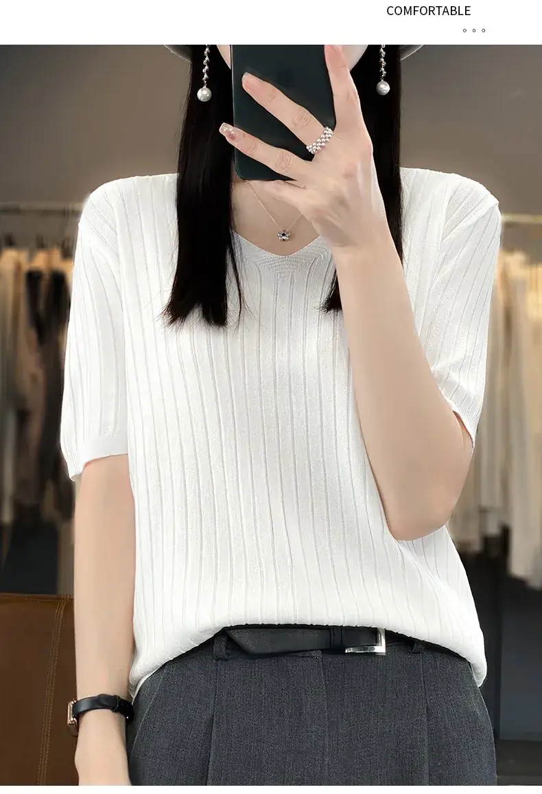 Summer Women Knitted V-Neck T-Shirt Beige — feature 30