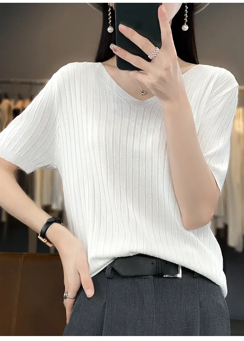 Summer Women Knitted V-Neck T-Shirt Beige — feature 31