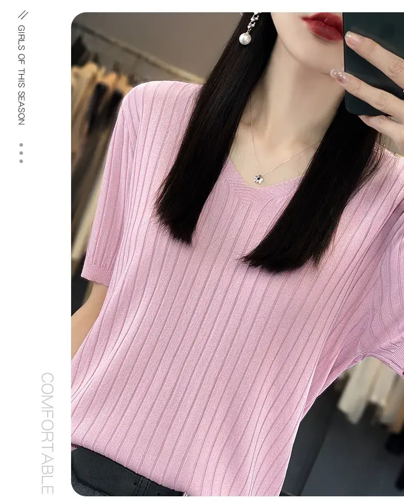 Summer Women Knitted V-Neck T-Shirt Beige — feature 33
